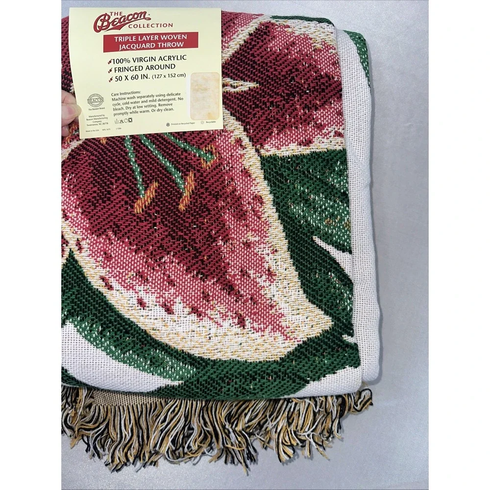 Vtg Beacon Knit Jacquard Throw Tapestry 50 x 60 Lily Stamp Blanket Made USA